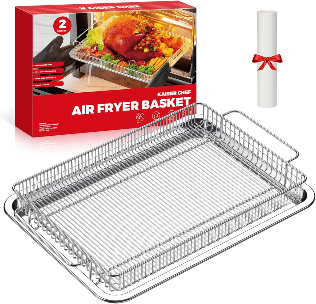 Air Fryer Basket for Oven,Air Fryer Basket and Stainless Steel Baking Tray Pant Oven with 50 Sheets Parchment Papers,Air Fryer Pan Rack for Cooking Baking Dishwasher and Broiling (1 Set M)