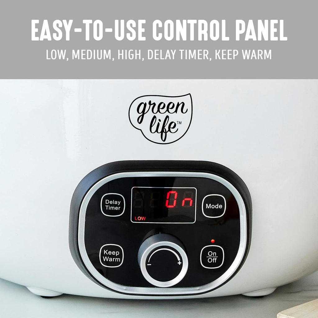 GreenLife 6QT Slow Cooker, Non-Toxic PFAS-Free Ceramic Nonstick Removable Interior Bowl, Programmable, Family Friendly, Keep Warm, Stovetop & Oven Safe, Dishwasher Safe Parts, Timer, Glass Lid, White