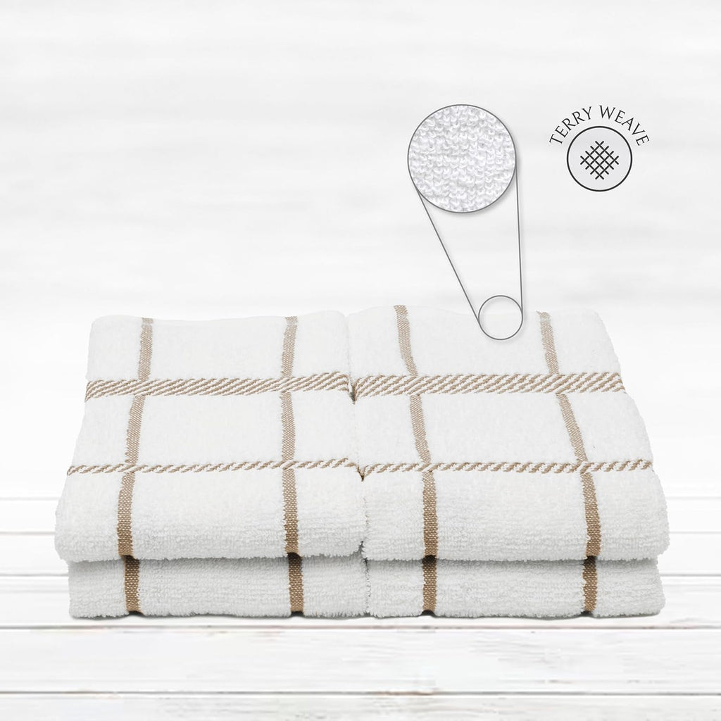 100% Cotton Terry Dish Towels, 4 Pack Checks, 16 x26 Inches, Super Soft and Absorbent Kitchen Towels, Perfect for Kitchen Cleaning and Dish Washing | Tan