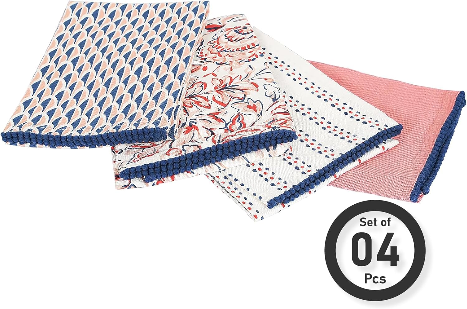 Printed Kitchen Dish Bar and Tea Towels Cotton, 18x28 inch with Trims, Cotton Dish Towel Sets (White & Peach, Set of 4)