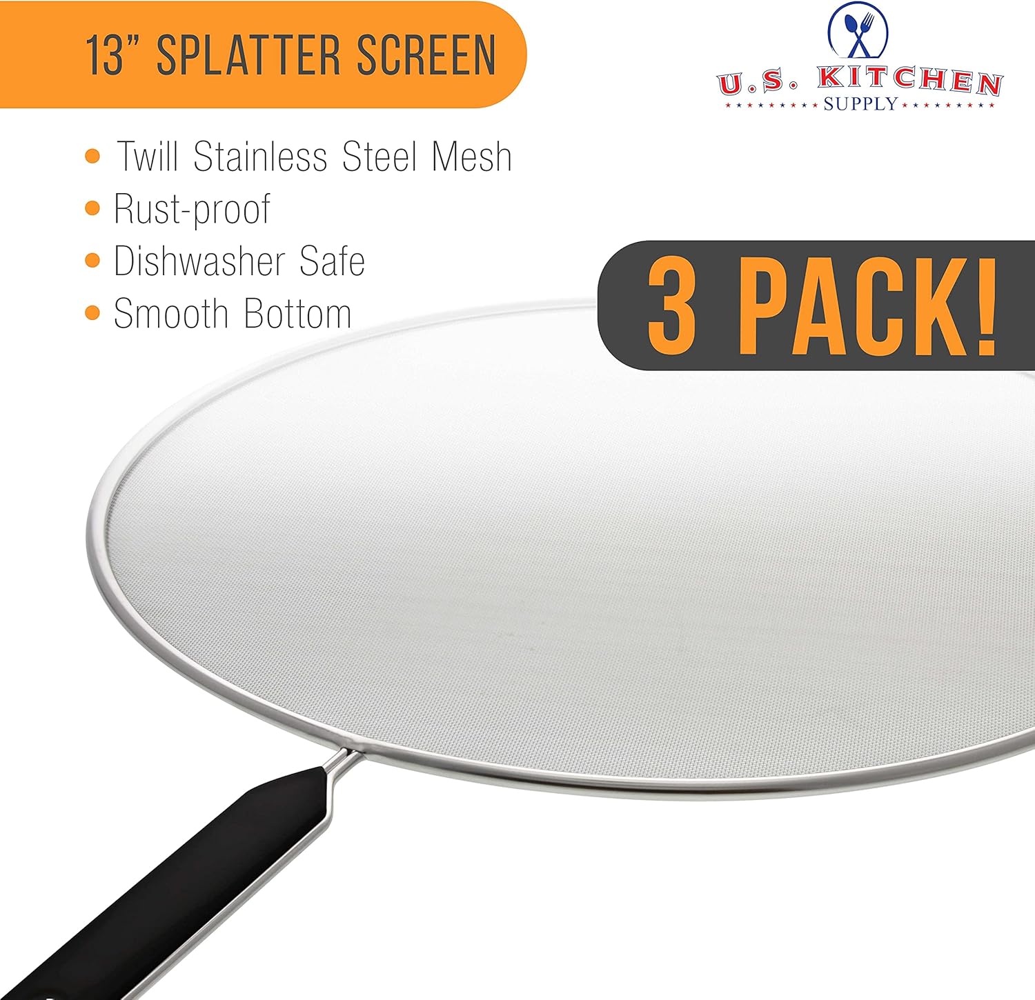 U.S. Kitchen Supply 3-Piece Stainless Steel Splatter Guard Set 13" Fine Mesh Cover, Grease & Oil, Splatter Screen for Frying Pan, Cooking Pots, with Comfort Grip Handles