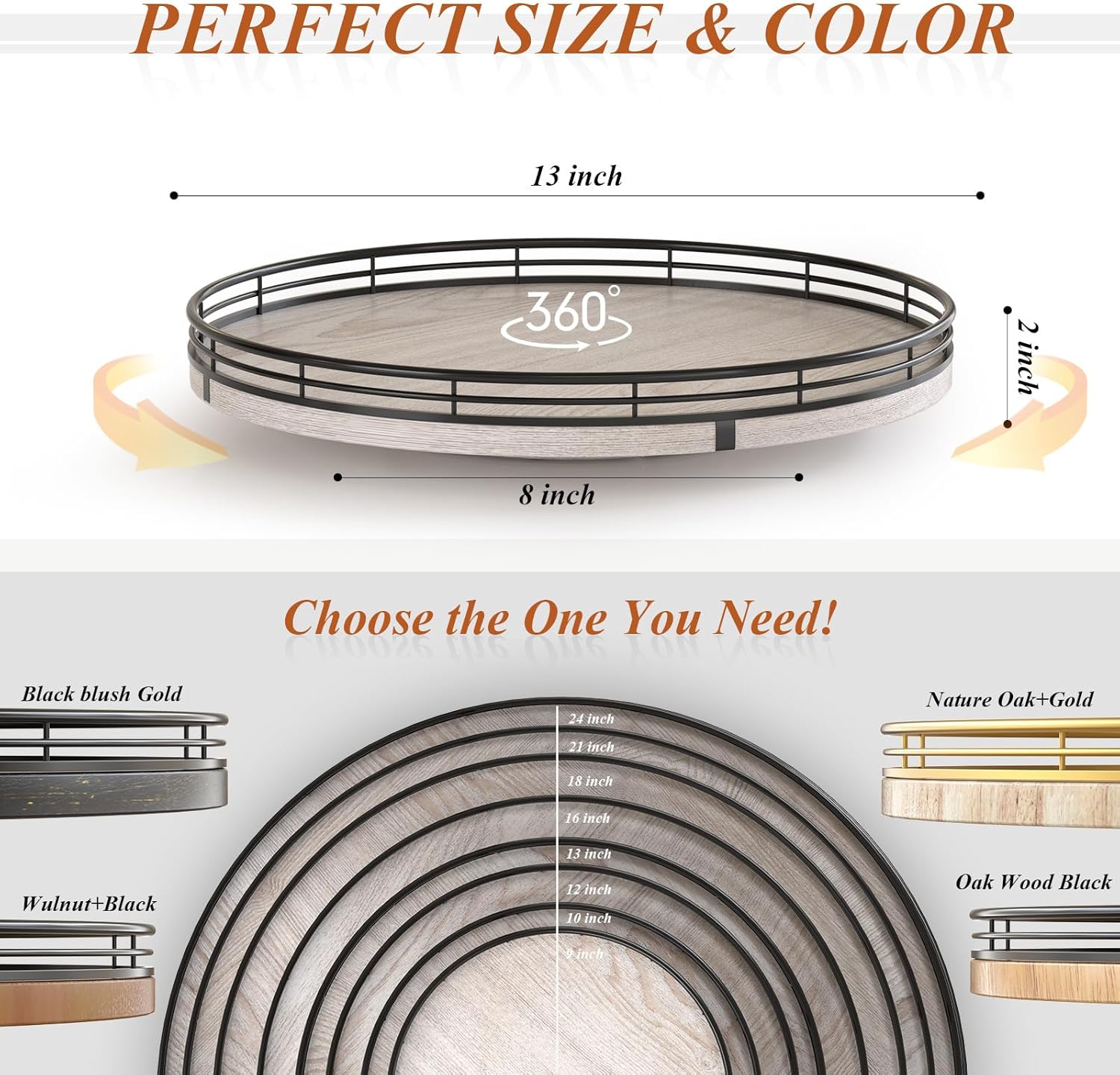 13" Oak Bathroom Vanity Tray Turntable for Perfume Candle, Round Wooden Decorative Tray for Kitchen Sink Countertop Organizer, Bathroom Counter Organizer for Skincare Makeup, Rustic White