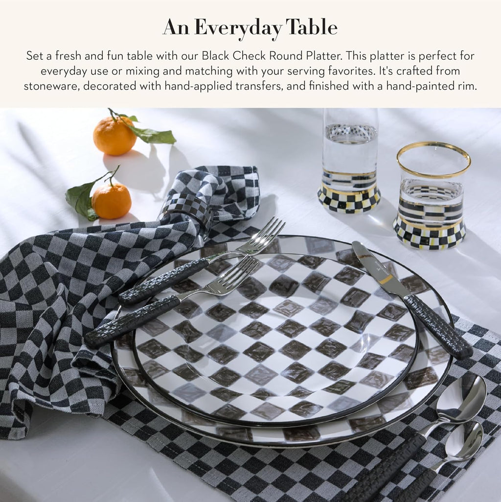 MACKENZIE-CHILDS Round Platter, Dishwasher-Safe and Microwave-Safe Stoneware Serving Platter, Black Check
