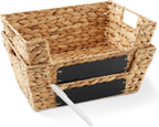 Casafield Set of 2 Water Hyacinth Pantry Baskets with Handles, Chalkboard Labels, and Marker - Natural, Wide Woven Storage Bin Organizers for Kitchen Shelves