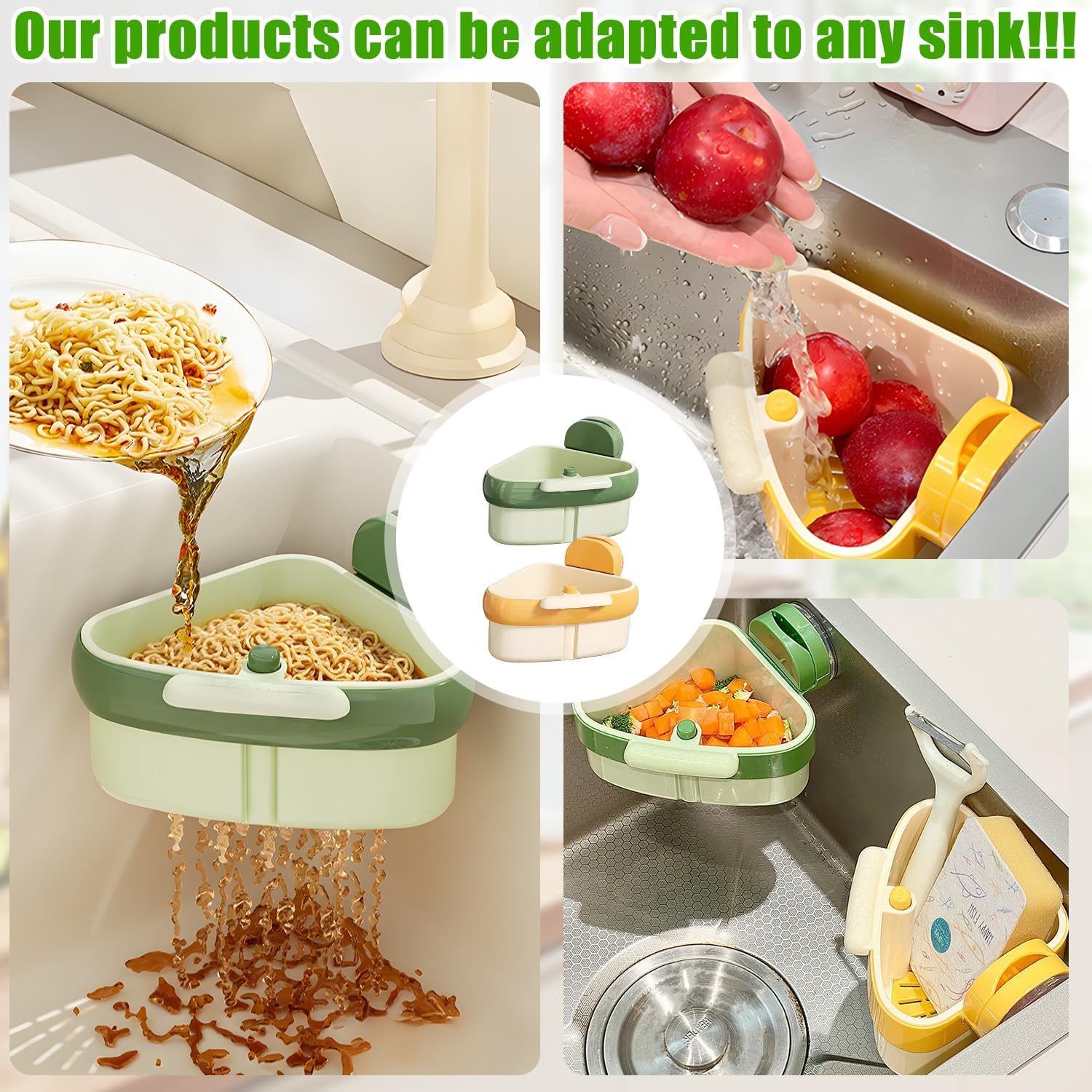 Upgraded Suction Cup Sink Corner Rack, New Press Corner Sink Strainer, Automatic Dumping Sink Strainer Basket, Triangle Storage Rack with Drain Hole, Corner Sink Trash Catcher for Food Waste (Yellow)