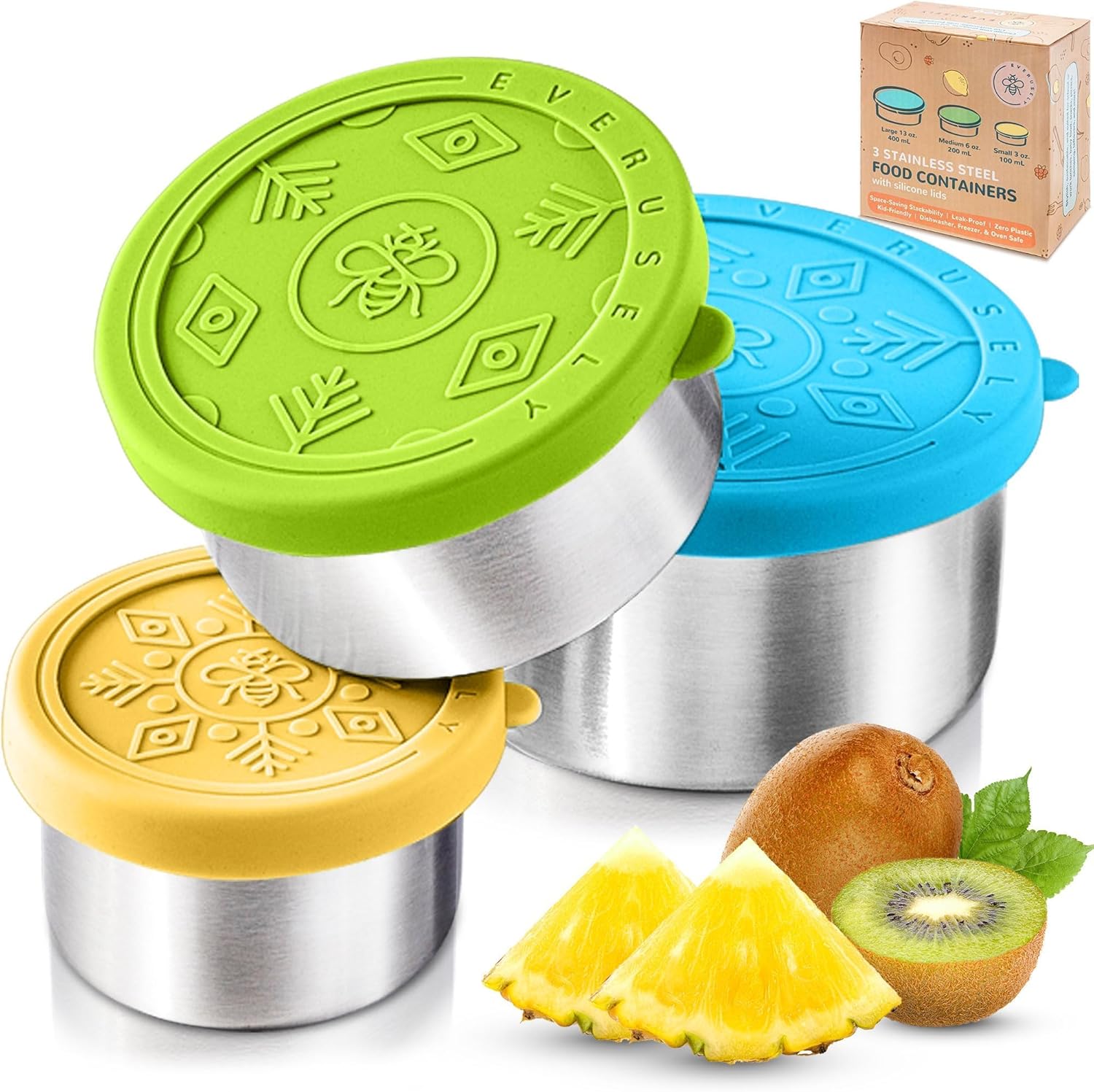 Everusely - Stainless Steel Food Containers - 3 Pack, Summer - Lunch Box - Snack Containers for Office, Home Food Storage - Leakproof with Silicone Lids - Dishwasher & Freezer Safe