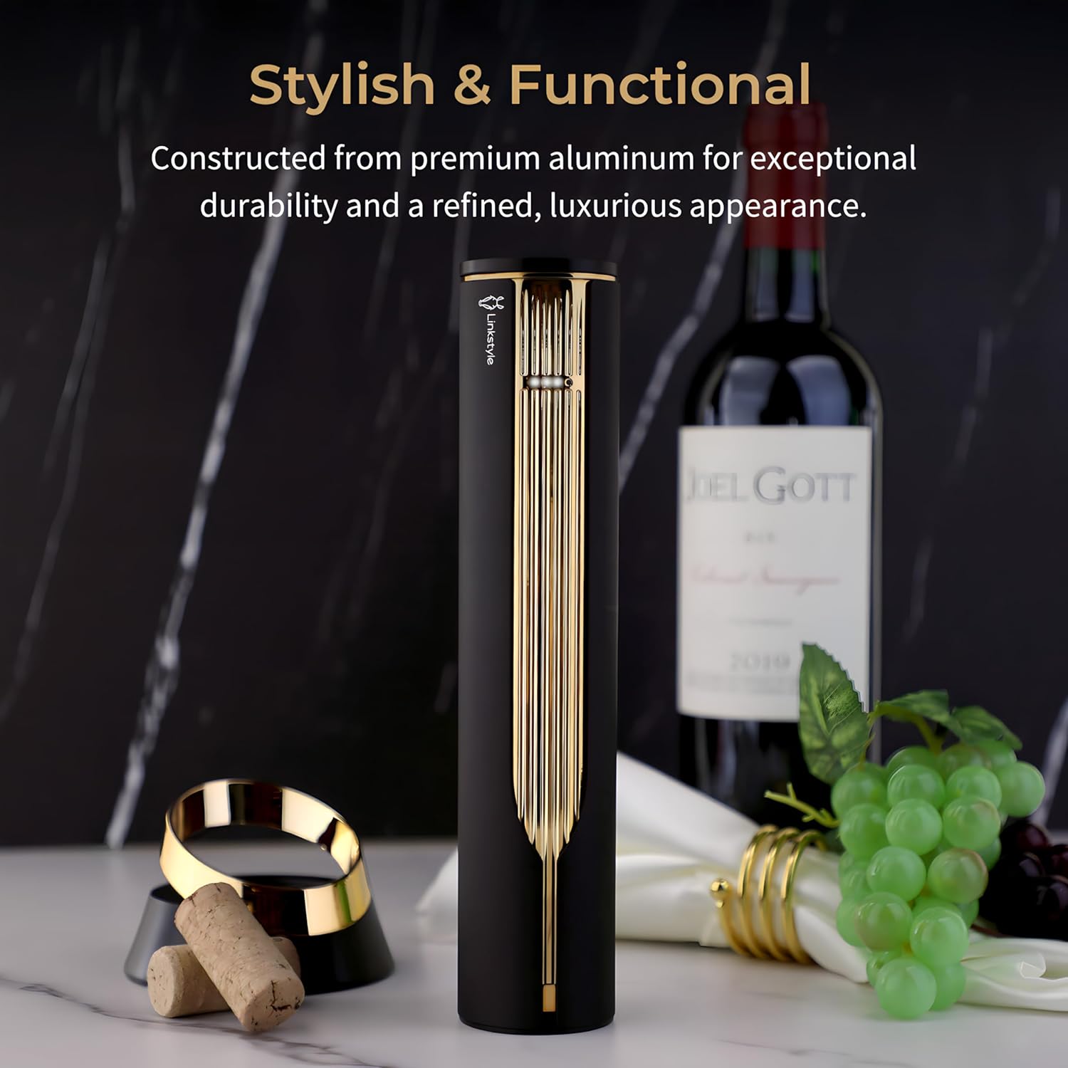 VINOWAKE Openero Electric Wine Opener By LINKSTYLE — Rechargeable Battery with Charging Base, Precision Steel Foil Cutter, Luxurious Matte Finish