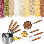 Measuring Cups and Spoons Set，Measuring Cup Set with Wooden Handle and Metric and US Measurements，Silver Polished Finish，for Cooking and Baking in The Kitchen (8 Piece)