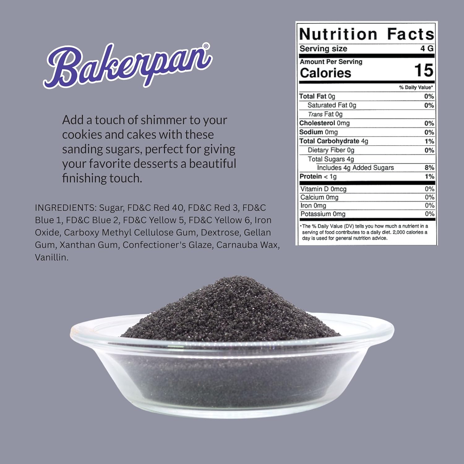 Bakerpan Black Sanding Sugar for Baking & Cookie Decorating - 5 Ounce Edible Black Sugar Sprinkles for Cookies, Cakes, Cocktails (Made In USA)