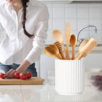 Small Utensil Holder for Kitchen Counter (H5.51” x W4.92”), Countertop Utensil Holder for Kitchen Ceramic, Utensils Crock for Countertop, Includes Silicone Drying Mat, White