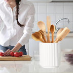 Kitchen Holder for Cooking Utensils, Kitchen Crocks for Storing Utensils (H5.51” x W4.92”), Flatware & Utensil Storage Spoon Stand Ceramic, Includes Silicone Drying Mat Milk Tea Color