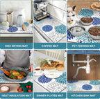 Findosom 2PCS 17" x 32" Dish Drying Mat & 24" x 5.5" Sink Splash Guard, Super Absorbent & Cuttable Dish Mat Drying Kitchen Mat with Blue Floral, Hide Stain Drying Mat for Kitchen Counter