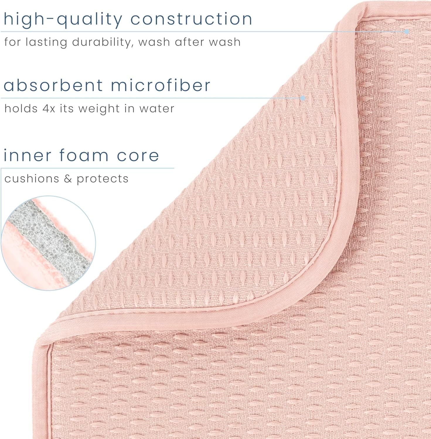 S&T INC. Dish Drying Mat, 16” x 18”, Absorbent Microfiber Kitchen Counter Mat, Drying Pad for Dishes, Utensils, Pots and Pans, Large, Diamond Texture, Pink