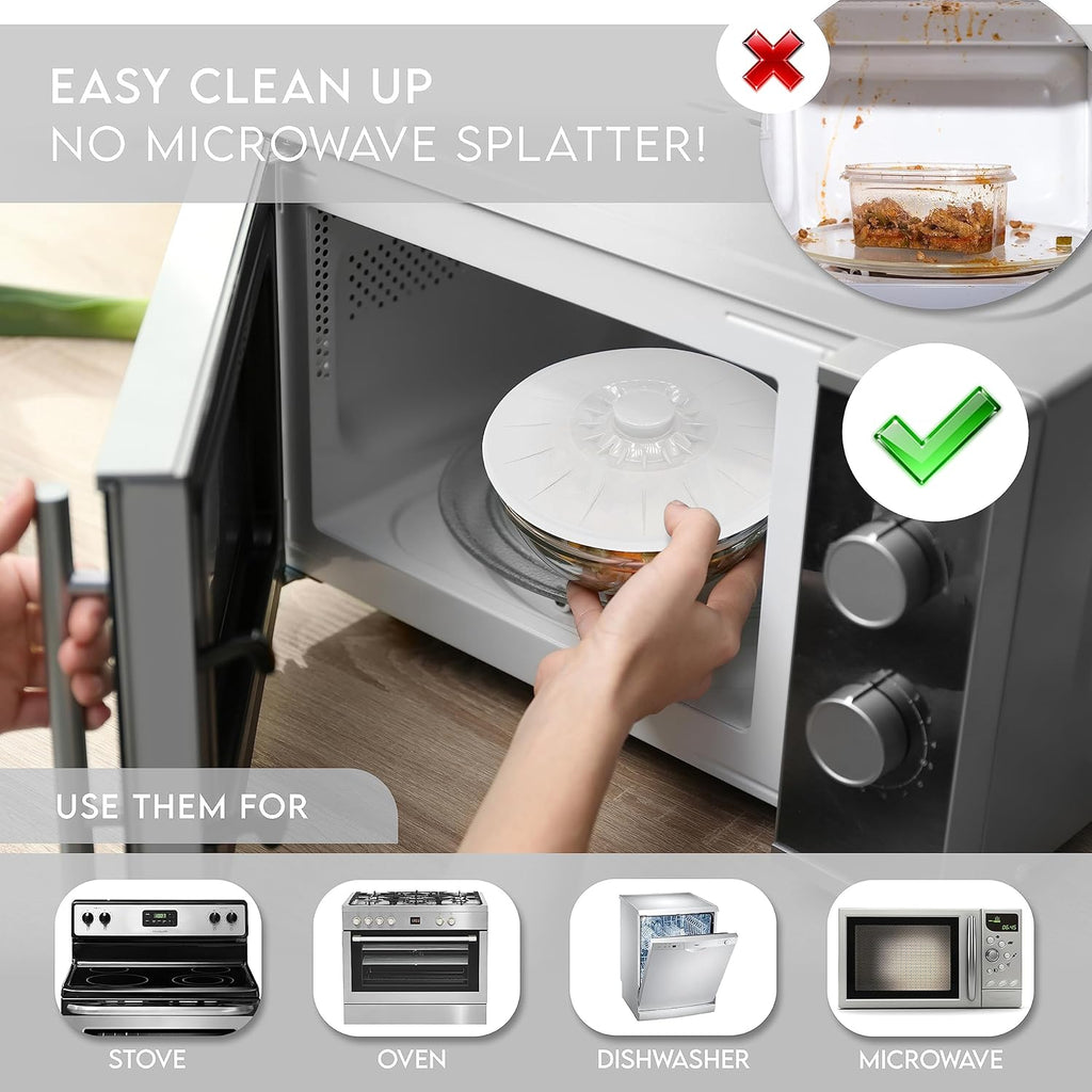 Silicone Bowl Lids White, Set of 5 Reusable Suction Seal Covers for Bowls, Pots, Cups. Food Safe. Natural grip, interlocking handles for easy use and storage.