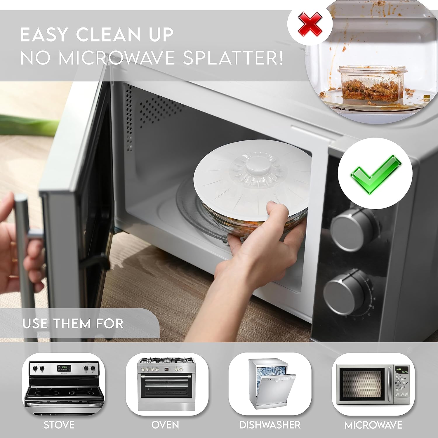 Silicone Bowl Lids White, Set of 5 Reusable Suction Seal Covers for Bowls, Pots, Cups. Food Safe. Natural grip, interlocking handles for easy use and storage.