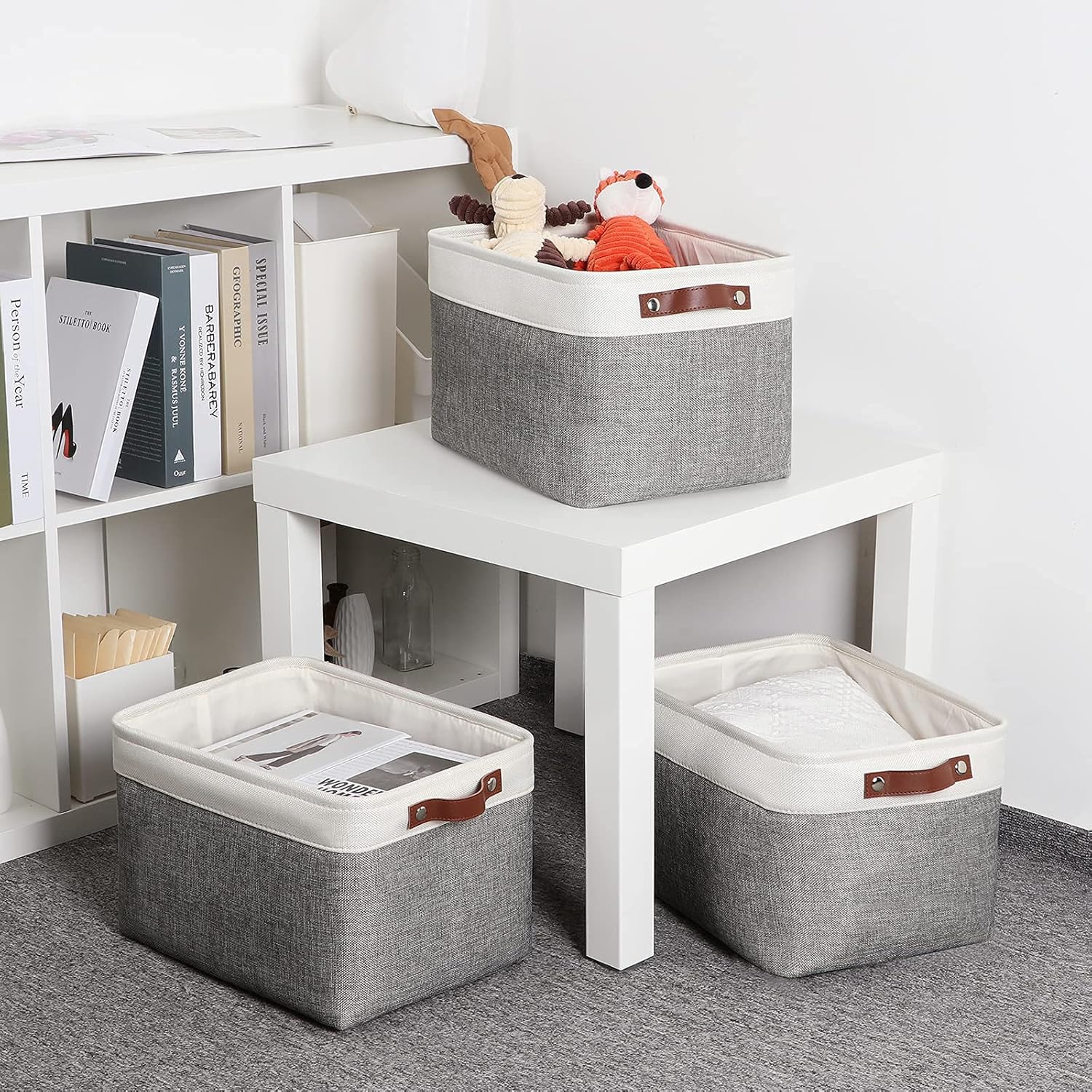 DULLEMELO Storage Baskets for Organizing, Rectangular Fabric Storage Bins Collapsible, Perfect for Shelves, Closets, Empty Gift Baskets (3-Pack Medium-15 inch X 11 inch X 9.5 inch , White&Grey)