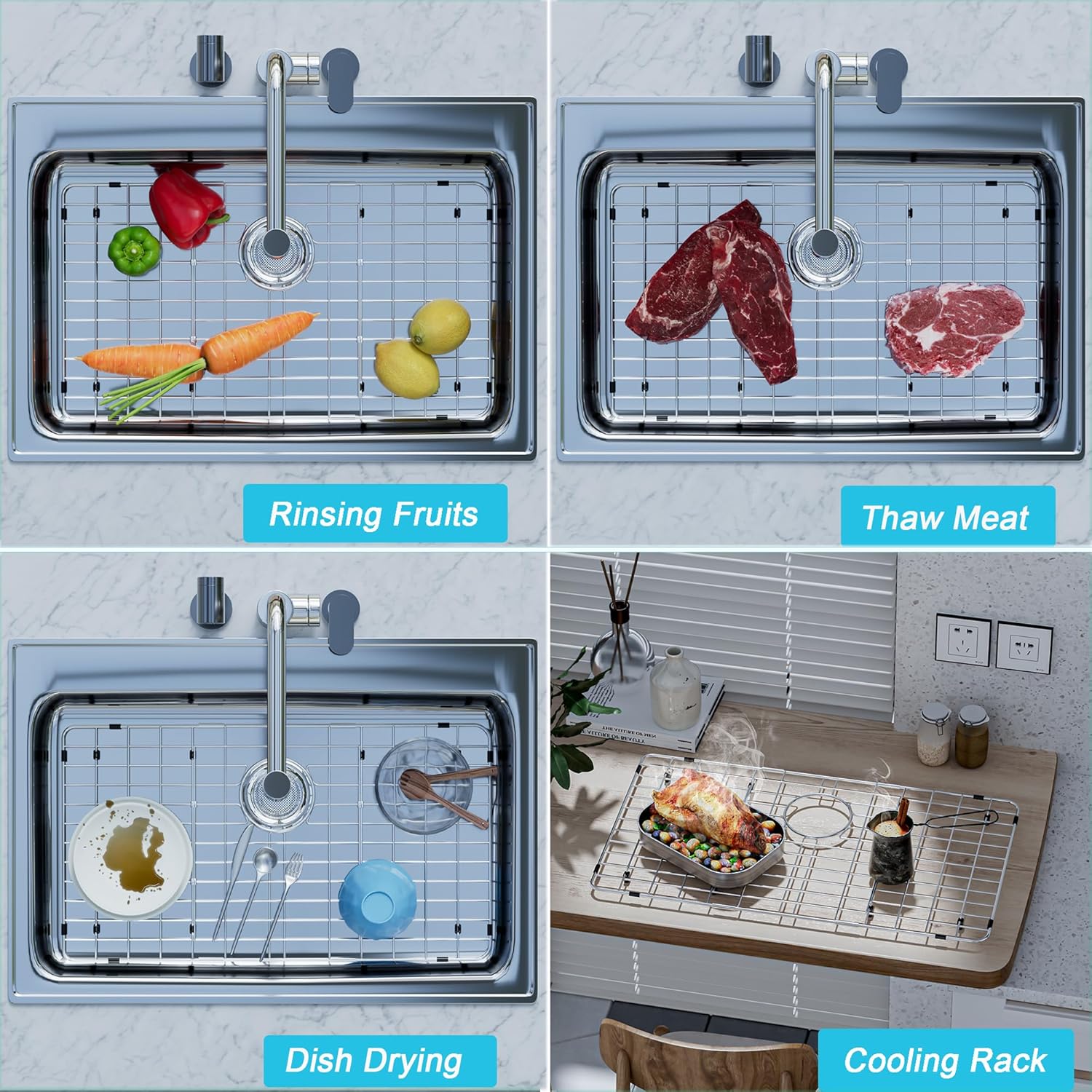 iPEGTOP Sink Bottom Grid, 3-Piece Stainless Steel Sink Protector 23" x 13" Rear Drain Hole with Corner Radius, Sink Grate Rack for Bottom of Kitchen Sink Single Bowl with Hole Cover