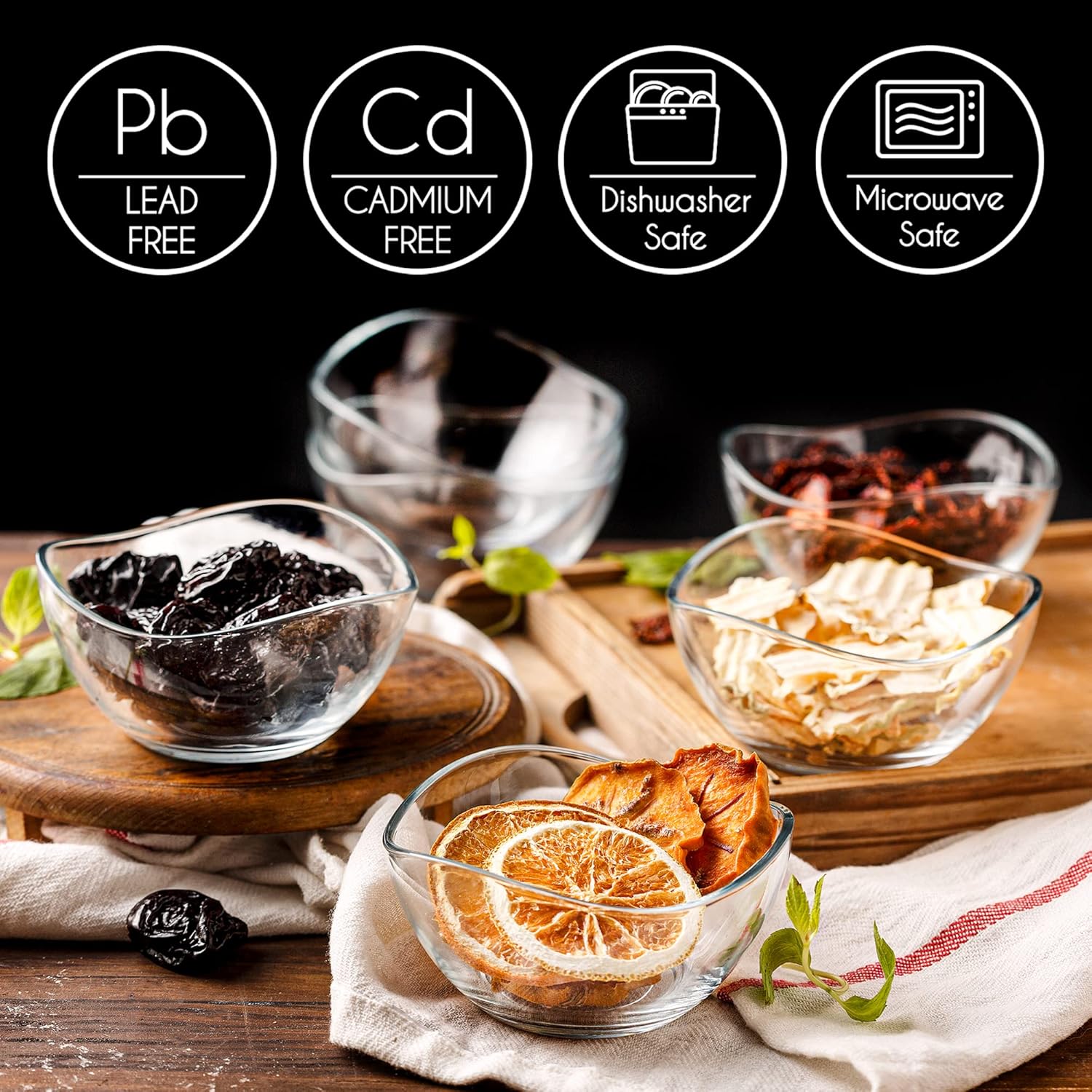 Volarium CRYSTALIA Small Glass Bowls for Kitchen Prep, Modern Round Serving Dishes for Dessert, Salad, Fruit, Pudding, Candy, Cereal, Ice Cream, Stackable Bowls Set of 6 (Medium 7 1/4 oz)