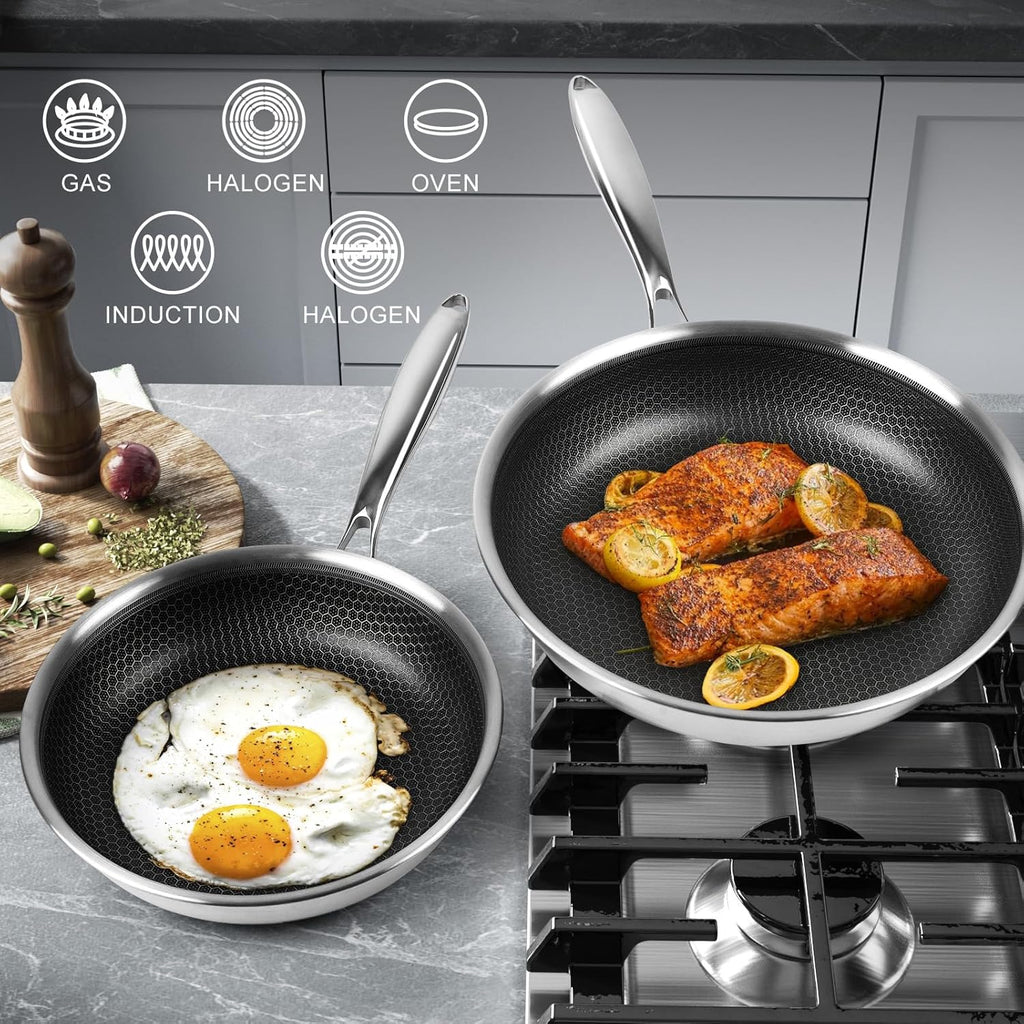12 inch Tri-Ply Stainless Steel Frying Pan With Lid Large Nonstick Honeycomb Coatings Skillet for Eggs & Omelettes Non Toxic Healthy Omelette Pan Compatible W/All Cooktops