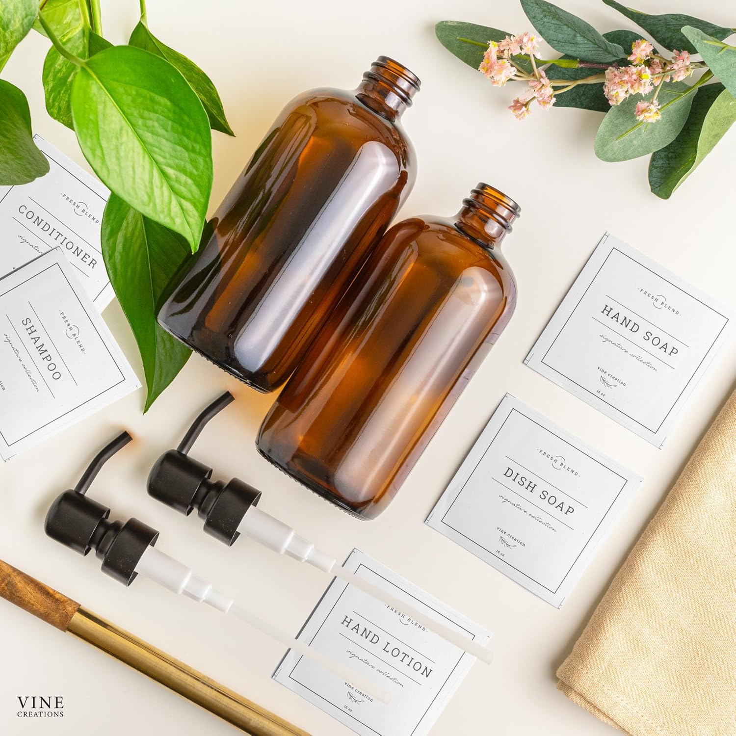 Vine Creations Amber Glass Soap Dispenser, 2 Pack Kitchen Soap Dispenser Set with Stainless Steel Pump, 16 oz Dish Soap and Hand Soap Dispensers for Bathroom with Waterproof Labels