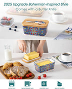 vancasso SIMI Butter Dish with Lid, 6.5" Large Butter Dish for Countertop, Bohemian Ceramic Butter Keeper Container with Knife and Bamboo Lid, Butter Holder for Counter, Twilight Bloom