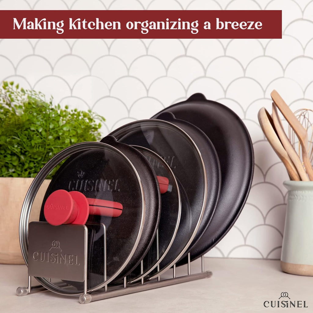 Cuisinel Lid and Dish Organizer Rack - 2-Pack Satin Nickel Kitchen Storage Organization Stand - Plate Holder, Pan/Pot Covers, Cutting Board and Cookie Sheet Divider - 7-Tier Cabinet/Counter Display