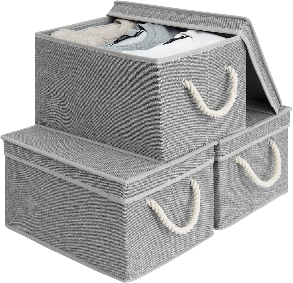 StorageWorks Large Storage Bins with Lids, Decorative Storage Boxes with Lid and Soft Rope Handles, Foldable Storage Baskets for Closet, Shelves, Stackable, Gray, 3-Pack