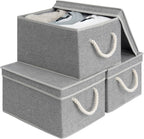 StorageWorks Large Storage Bins with Lids, Decorative Storage Boxes with Lid and Soft Rope Handles, Foldable Storage Baskets for Closet, Shelves, Stackable, Gray, 3-Pack