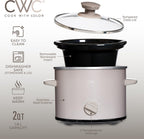 COOK WITH COLOR 2QT Mini Electric Round Slow Cooker - Adjustable Settings, Removable Stoneware Pot, Tempered Glass Lid, Dishwasher Safe, Cool-Touch Side Handles, Greige