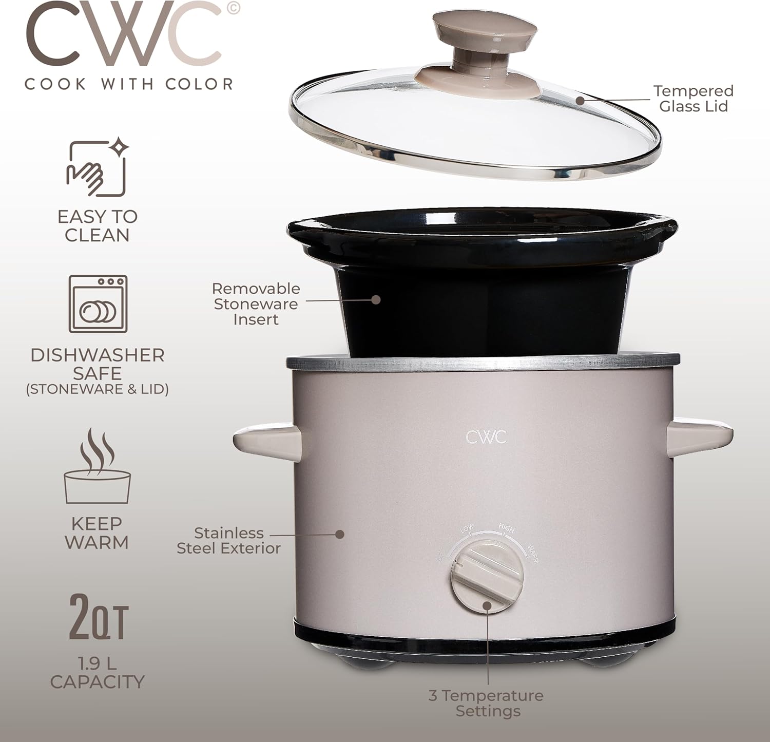 COOK WITH COLOR 2QT Mini Electric Round Slow Cooker - Adjustable Settings, Removable Stoneware Pot, Tempered Glass Lid, Dishwasher Safe, Cool-Touch Side Handles, Greige