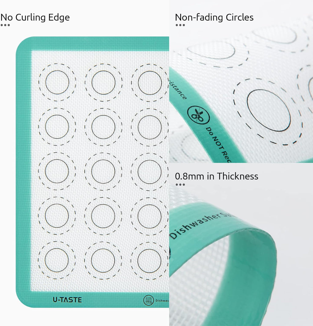 446ºF Heat Resistant Macaron Mat: U-Taste 11x11 Inch Non Stick Silicone Baking Mat, Reusable Cookies Pastry Sheet Liner with Edge Enhancement & Circle Measurement for Square Cake Pan (2 PCS, Aqua Sky)