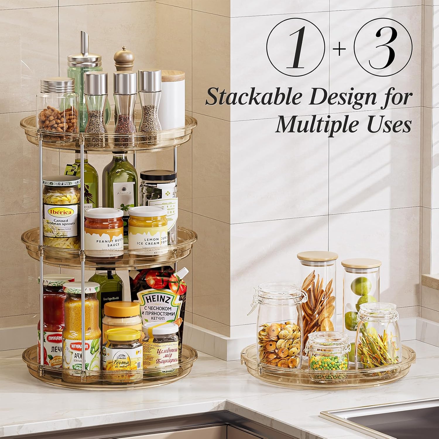 LAMU 2 Pack 2 Tier Lazy Susan Turntable Organizer 10.6'' Rotating Spice Rack Organization for Cabinet, Kitchen, Pantry, Countertop, Bathroom, Vanity, Medicine Cabinet Organizer, Amber