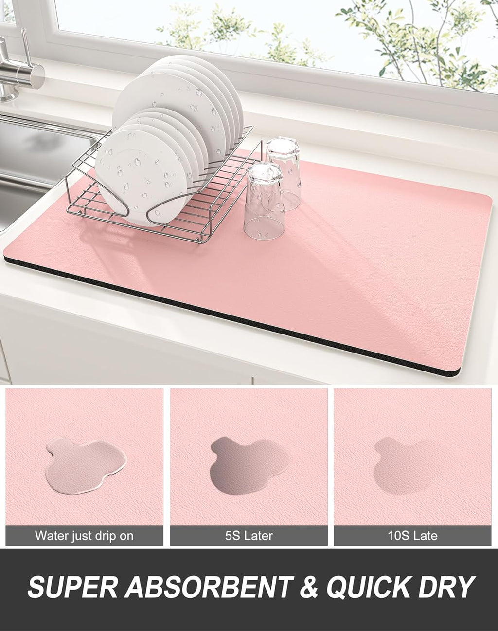 Rnivvi Dish Drying Mat for Kitchen Counter, XL 15 x 24" Super Absorbent Drainer Pad Easy Clean Dish Rack Pad, Non-Slip Heat Resistant Coffee Bar Mat for Coffee Machine Station Accessories Decor, Pink