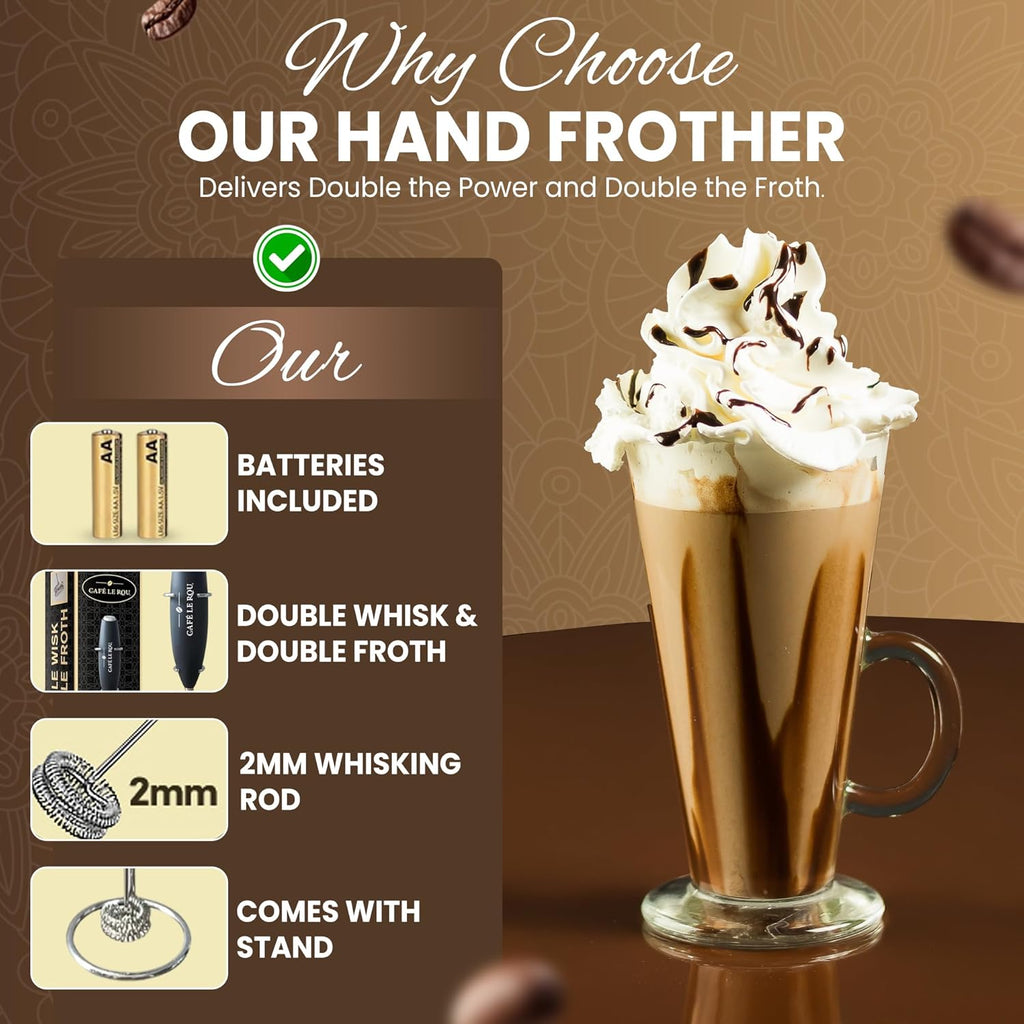 Cafe le Rou Milk Frother Handheld Battery Operated - Double Whisk with Stand. Batteries included. Electric Foam Maker, Drink Mixer with Stainless Steel Whisk
