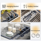 Expandable Over Sink Dish Drying Rack, Large Roll Up Dish Drying Rack with 2 Storage Baskets, Rolling Drain Mats for Kitchen Sink Counter, BPA-Free(12-22 * 15.3'', Blue)