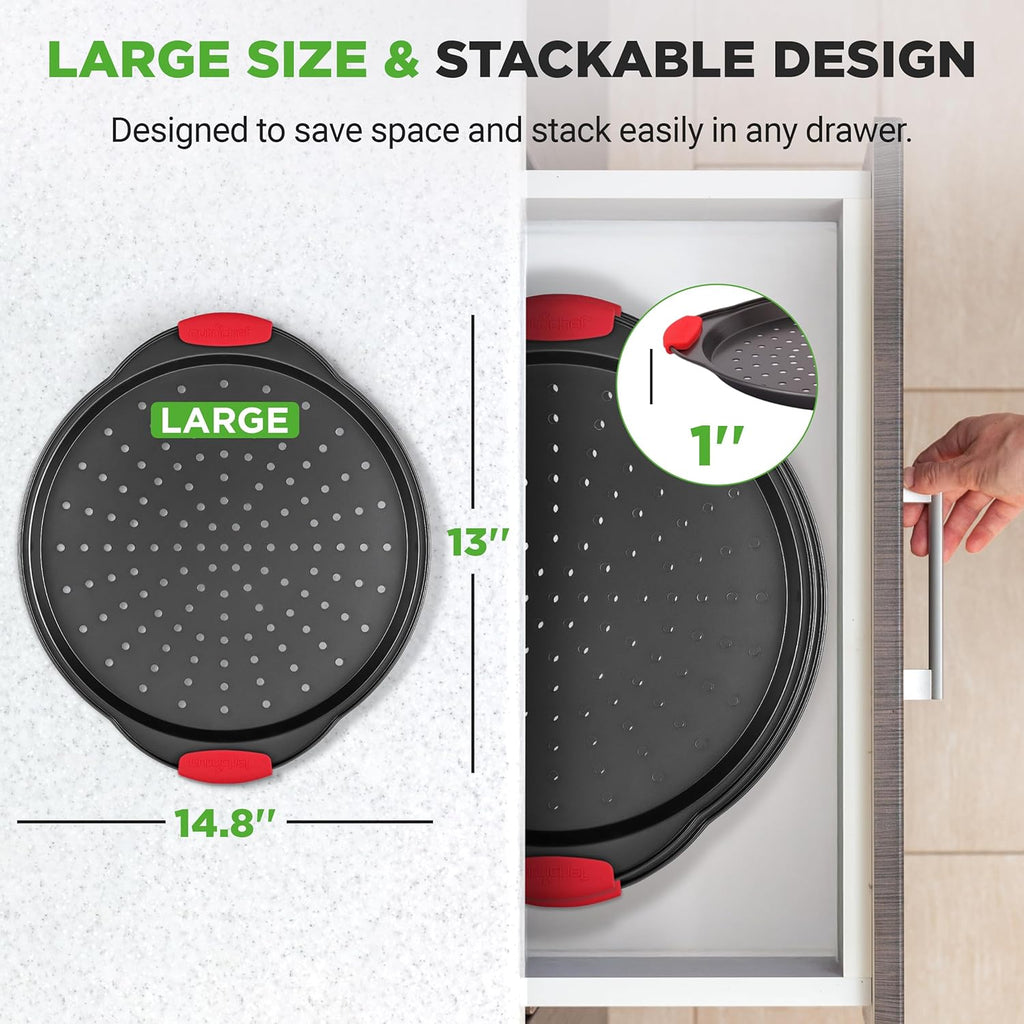 NutriChef 2-Piece 13-Inch Nonstick Pizza Tray, Round Carbon Steel Non-Stick Pizza Baking Pan with Perforated Holes, Premium Bakeware Pizza Screen with Silicone Grip Handles, Dishwasher Safe, NCBPIZX2
