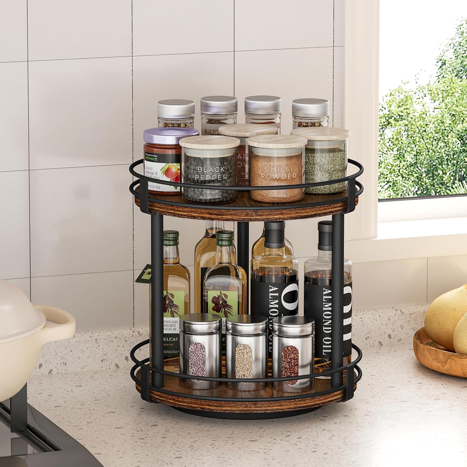 Snughome Rotating Spice Rack, 2 Tier Lazy Susan Organizer, Wood Kitchen Countertop Organizer, Brown Lazy Susan Turntable for Cabinet, 10.2" x 10.2" x 10.4"