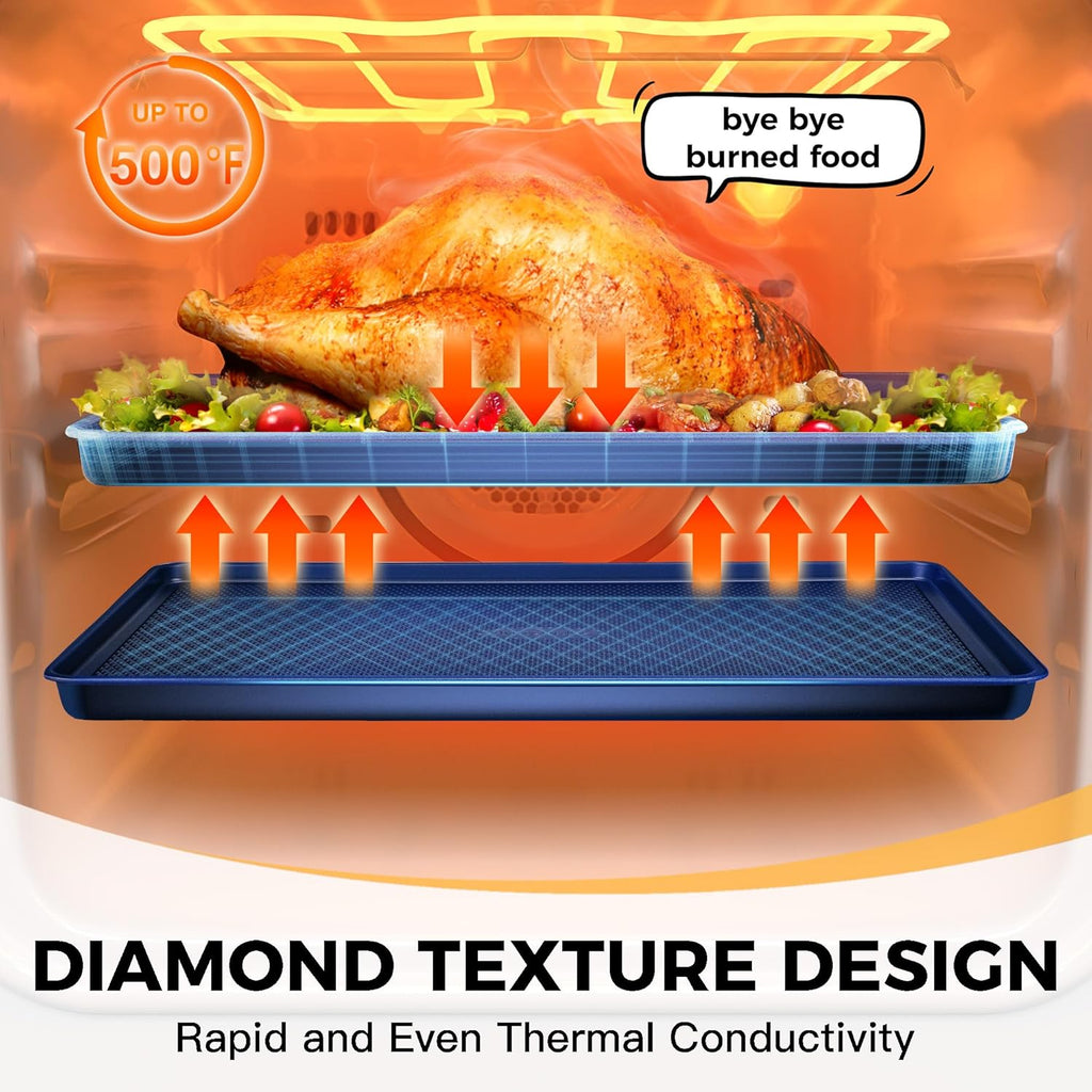 HONGBAKE Baking Sheet Pan Set, Cookie Sheets for Oven, Nonstick Half/Quarter/Jelly Roll Pans with Diamond Texture Pattern, Heavy Duty Cookie Tray, Dark Blue