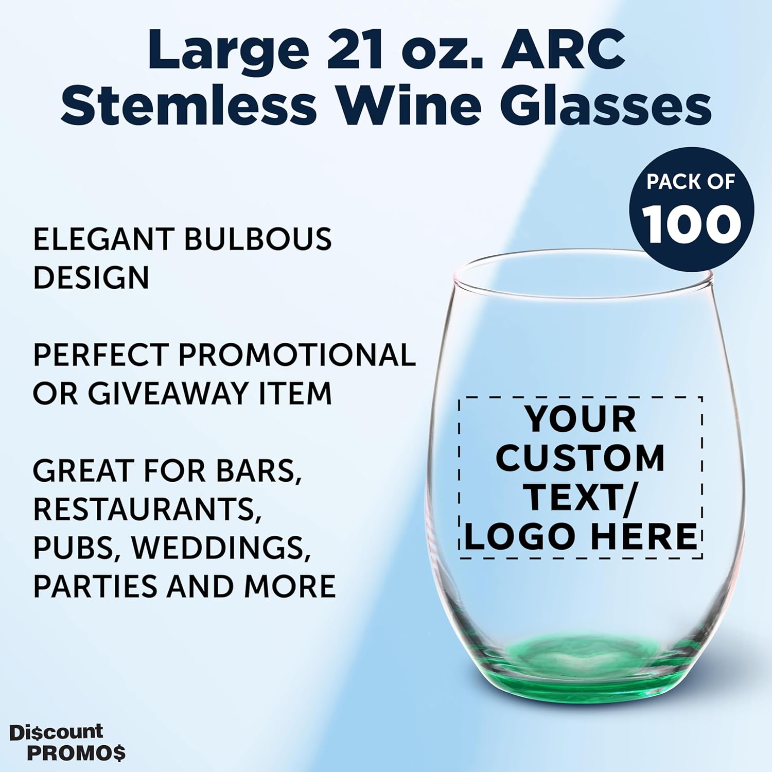 DISCOUNT PROMOS 100 ARC Stemless Wine Glasses Set, 21 oz. - Customizable Text, Logo - Chardonnay, Cabernet, Merlot, Sauvignon - Green