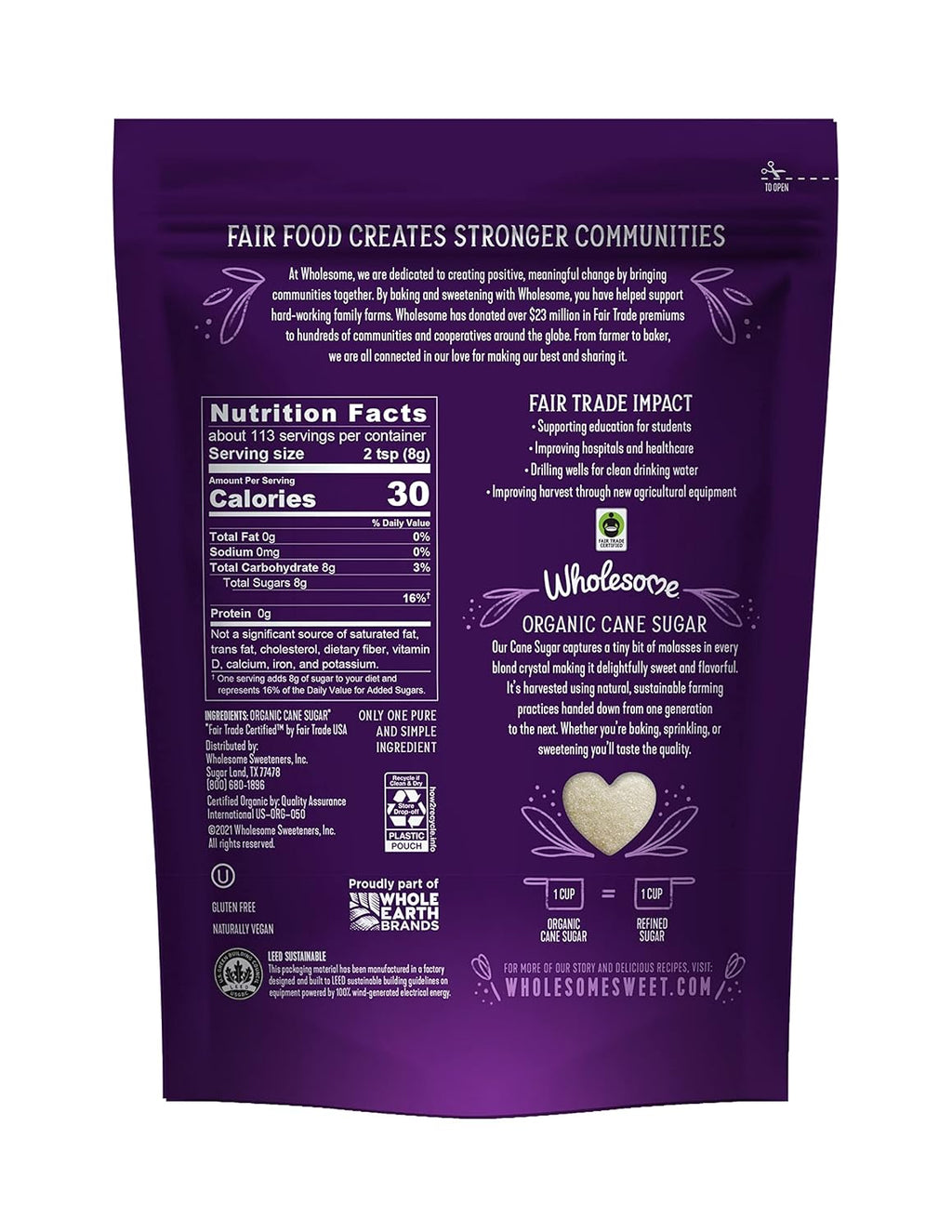 Wholesome Sweeteners 32-Ounce Organic Cane Sugar, Fair Trade, Non GMO, Gluten Free, Pure & Vegan, for Baking and Sweetening, 6 Pack