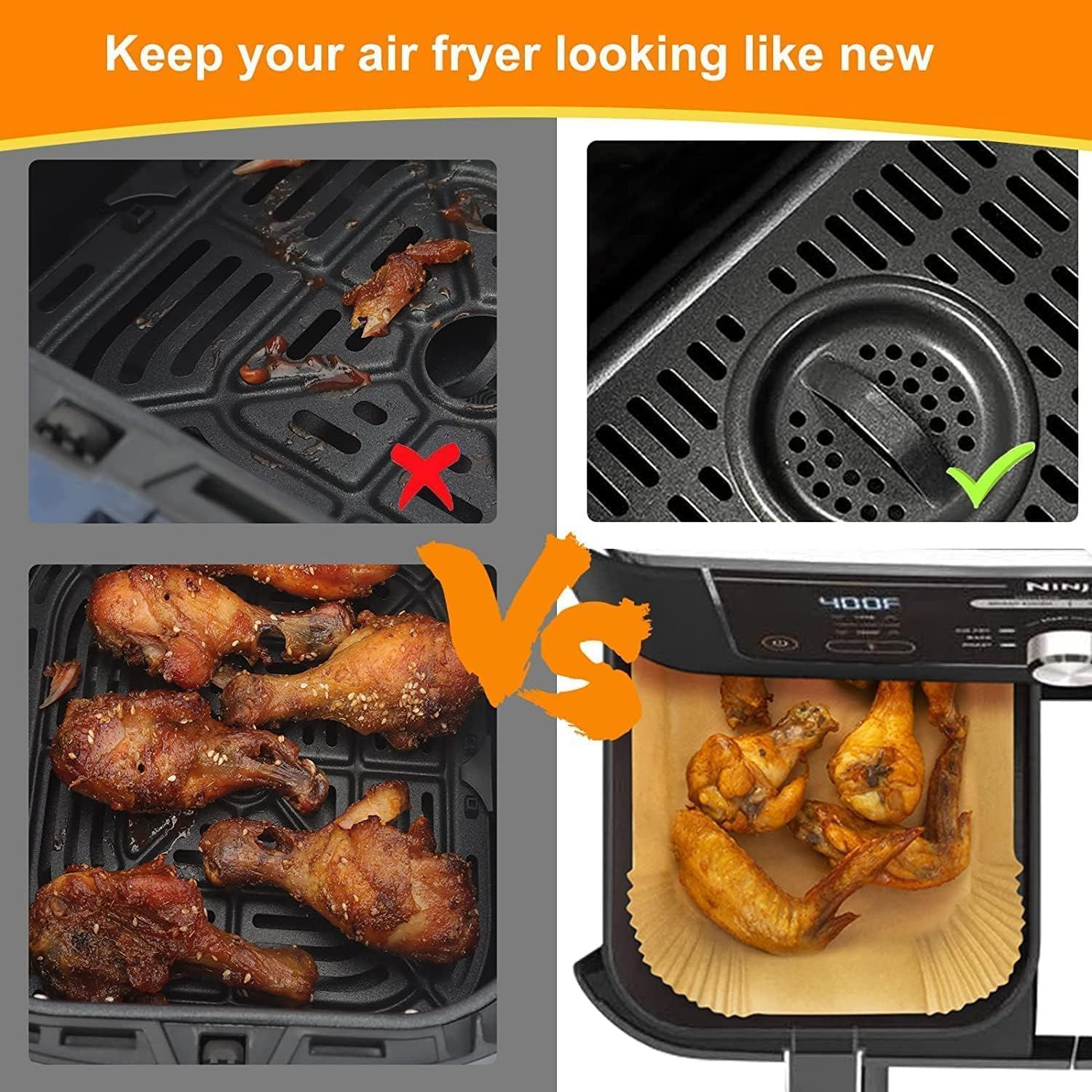 Air Fryer Paper Liners for Dual Zone Airfryer, 200pcs 8.1x5.5 inch Rectangle Disposable Inserts for Ninja Foodi DZ201 DZ401 DZ550 other 8-10 qt 2-Basket Air Fryers, Food Grade BPA Free