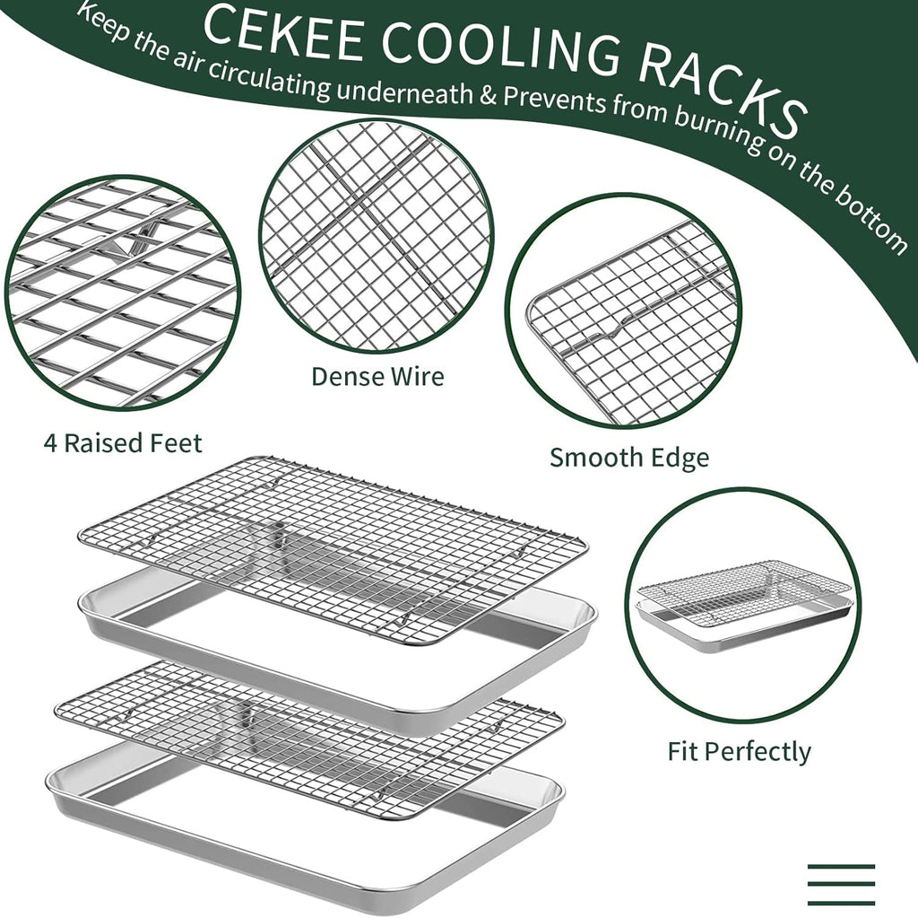 CEKEE 4 PCs Small Baking Sheet With Wire Rack Set [2 Pans + 2 Cooling Racks], 10 Inch Stainless Steel Tray - Rust & Warp Resistant, Easy Clean