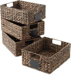 Casafield Set of 4 Water Hyacinth Pantry Baskets, 10" x 13" x 5", with Chalkboard Labels and Chalk Marker - Espresso, Woven Storage Bin Organizers for Kitchen Shelves