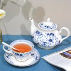 Bone China Tea Set, 21-Pieces Porcelain Tea Set for Adults, Tea Cups And Saucers for 6, with Teapot, Spoons, Sugar Bowl, Creamer Pitcher, Vintage Tea Set for Women Tea Party (Blue)