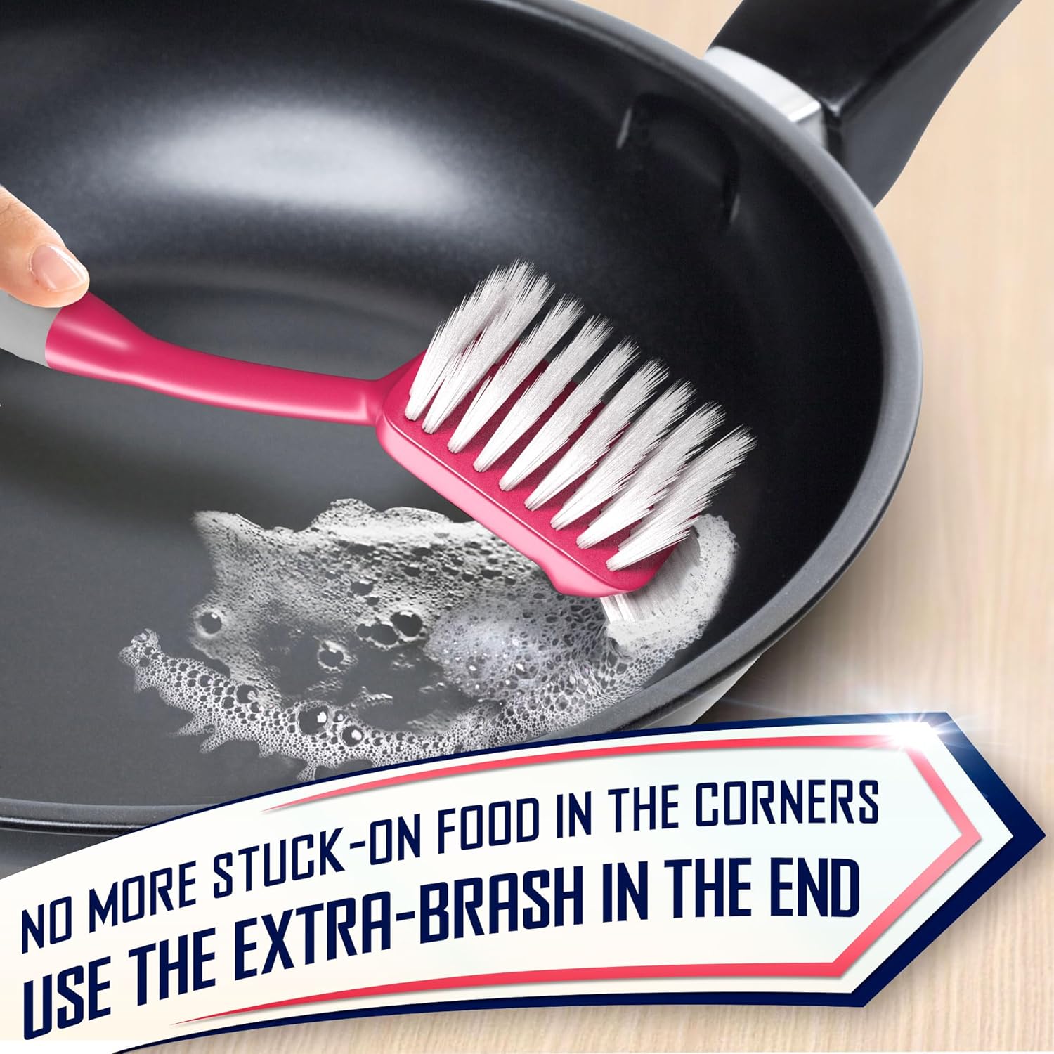 Dish Brush Set of 4 - Kitchen Scrub Brushes with Non-Slip Long Handle for Cleaning, Scrubber, Dishwashing, Dishes, Bottles, Straws, Cups, Pots & Sink, Red