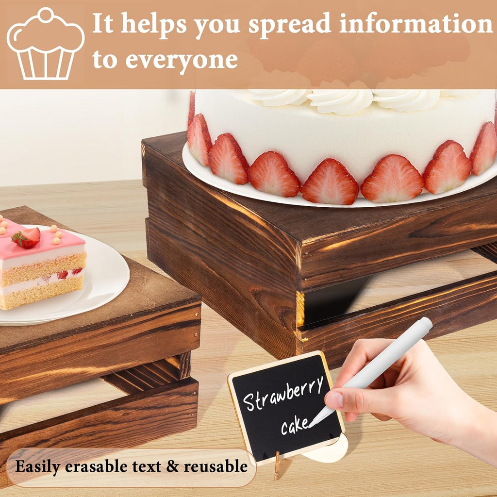 8 Pcs Buffet Risers with Mini Signs, Rustic Wood Cake Stands, Food Risers for Buffet Table, Dessert Display Stand, Wood Crates, Rustic Cake Stand for Party, Wedding, Birthday, Baby Shower, 4 Sizes