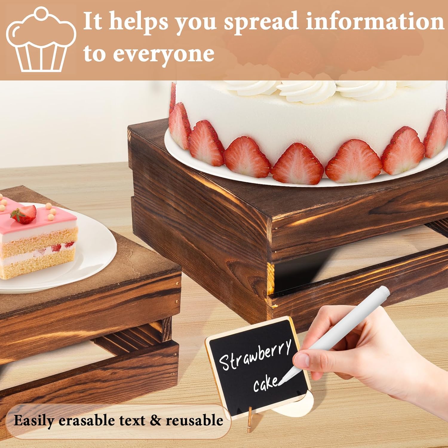 4 Pcs Buffet Risers with Mini Signs, Rustic Wood Cake Stands, Food Risers for Buffet Table, Dessert Display Stand, Wood Crates, Rustic Cake Stand for Party, Wedding, Birthday, Baby Shower, 4 Sizes
