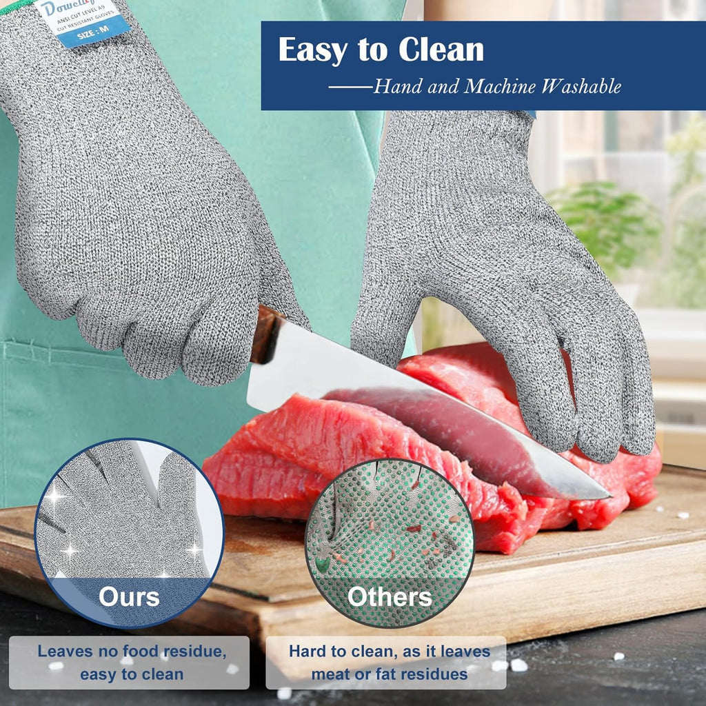 Dowellife Soft Level 9 Cut Resistant Gloves Food Grade, Steel Wire Mixed Kitchen Safety Gloves for Chef Oyster Shucking Mandoline Knife Butcher Meat Cutting Carving (Large)