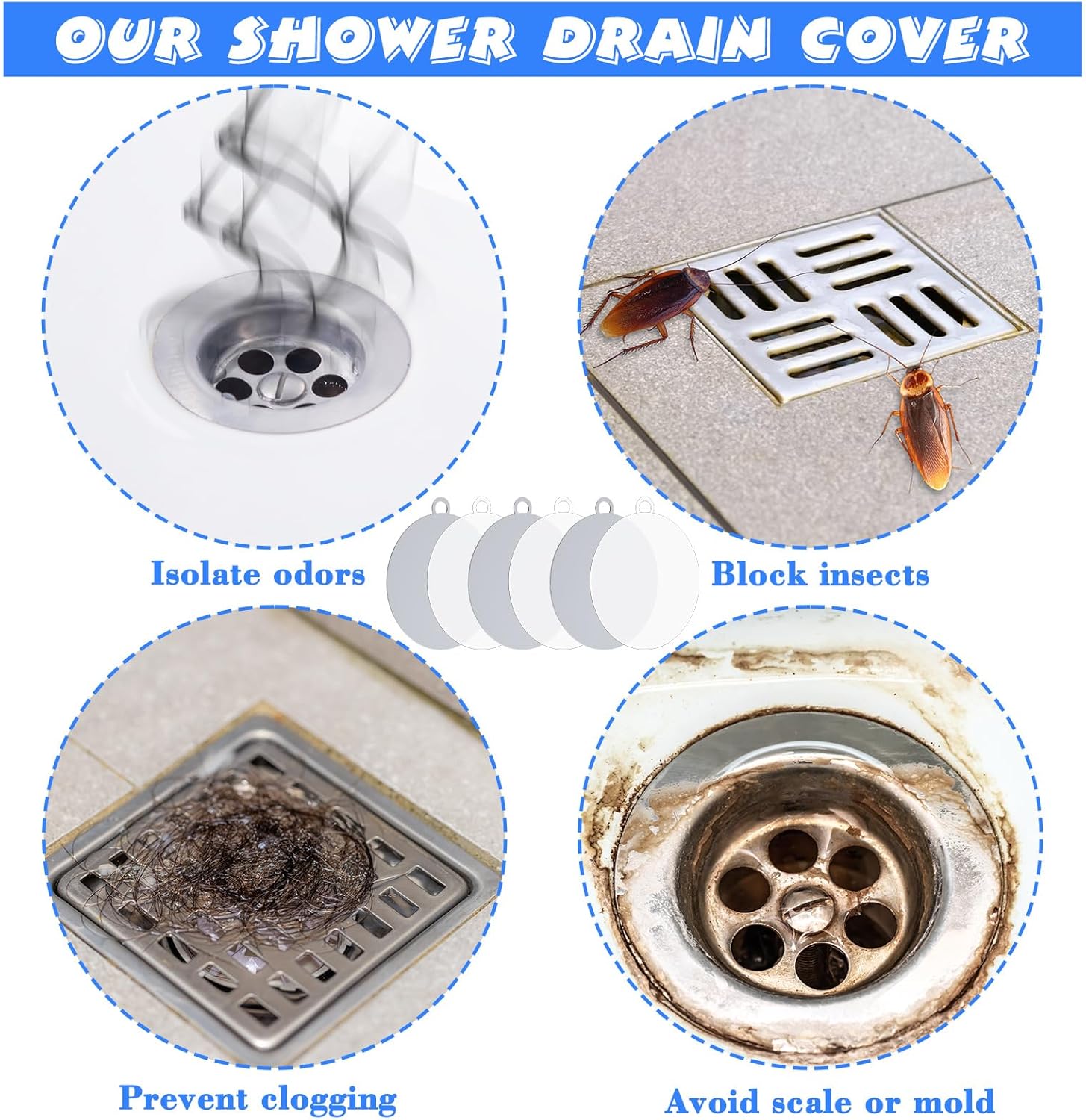 Yinkin 6 Pcs Drain Covers to Keep Bugs Out Silicone Shower Floor Tub Stoppers Bathtub Drain Stoppers Sewer Anti-Odor Mats Deodorizing Plugs for Bathroom(6 x 6 Inch,Round,Grey and White)