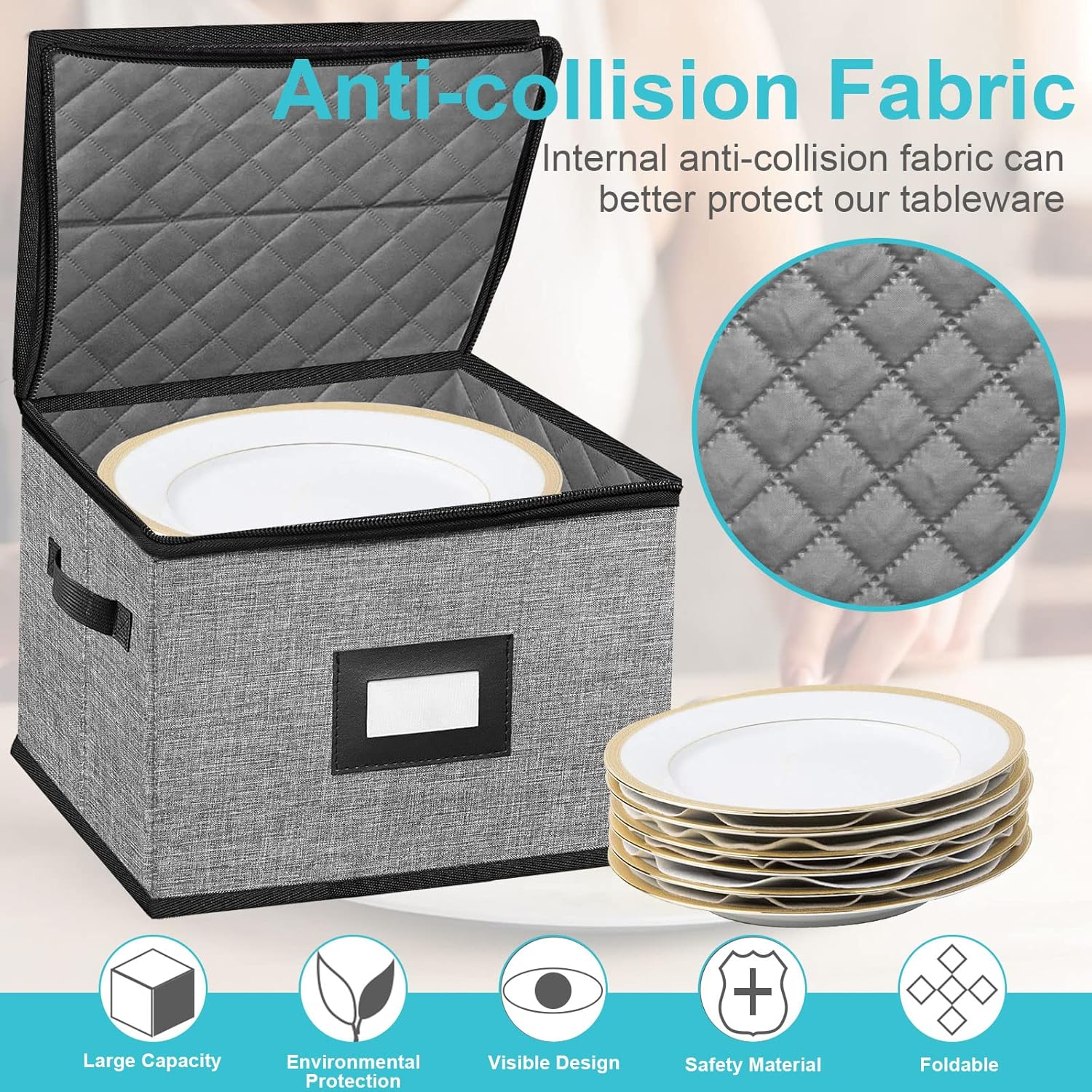 China Storage Containers-4PACK Quilted Dish Storage Containers with Lid Hard Shell for Moving Transport, Dinnerware,Stackable Plate Storage,24 Felt Plate Dividers Included,12 * 12 * 8in